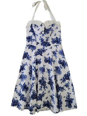 Dressystar Floral Halter Rockabilly Swing Dress Blue White Medium 50s Retro